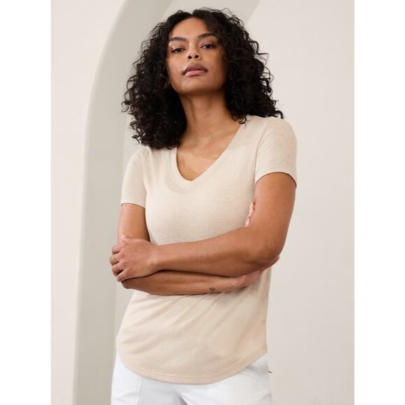 Athleta Tops - Athleta XS Breezy Scoop V- Neck Tee Abalone Tan Short Sleeve X-Small